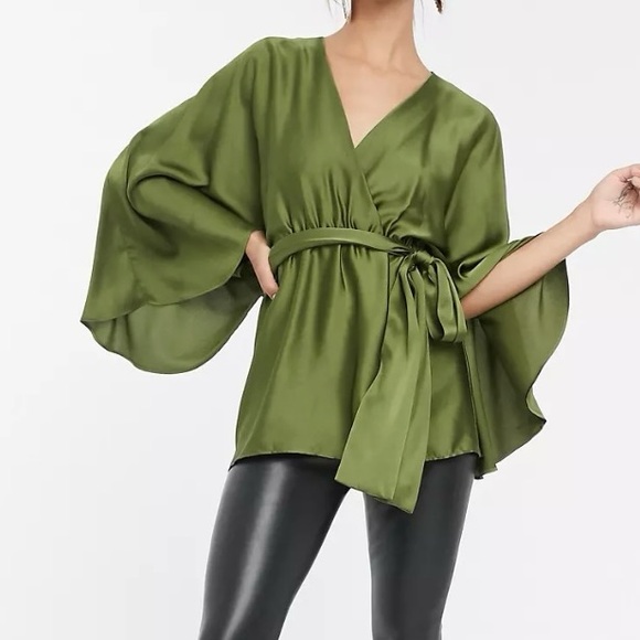 ASOS size 12 green satin plunge top  v-neck wrap top oversized fits 14-16 - Picture 1 of 14